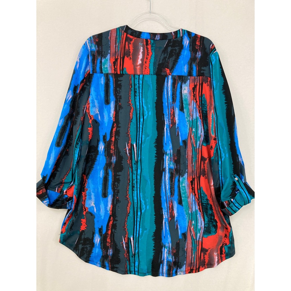 Cocomo‎ Blouse XL Blue Red Abstract Roll Tab Sleeve Stretch Popover Preppy - Picture 7 of 8